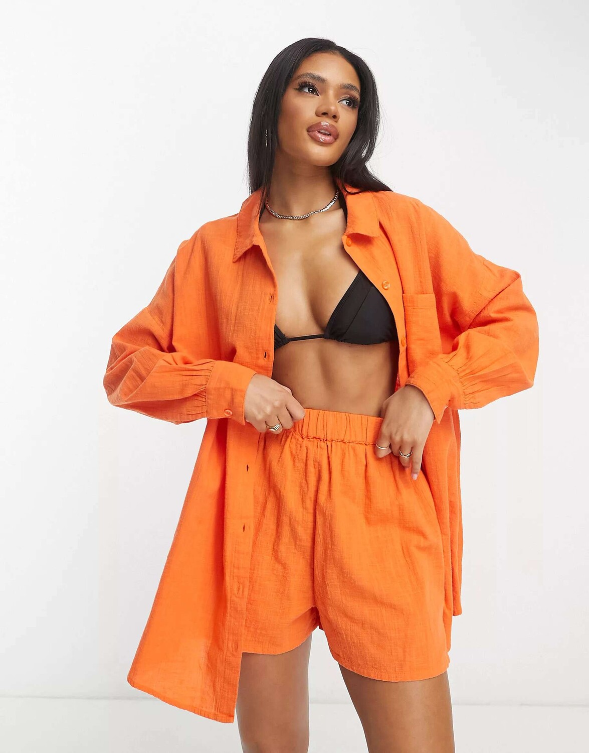 

Оранжевая текстурированная пляжная рубашка с пуговицами ASOS