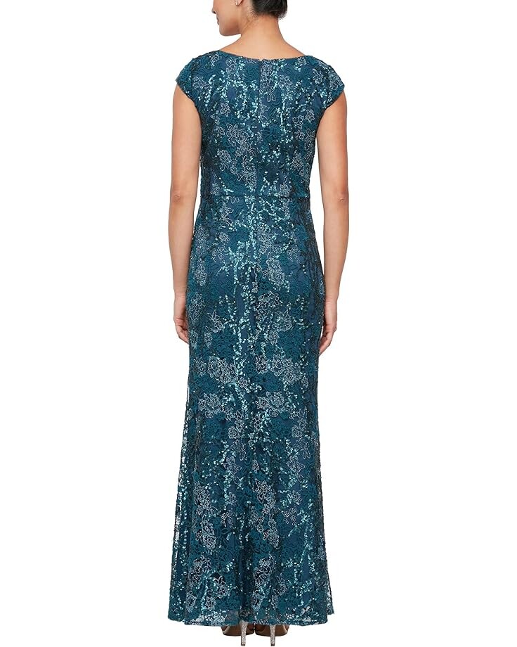 

Платье Alex Evenings Long Cap Sleeve Embroidered Dress w/ Scoop Neckline and Sequin Detail, цвет Peacock