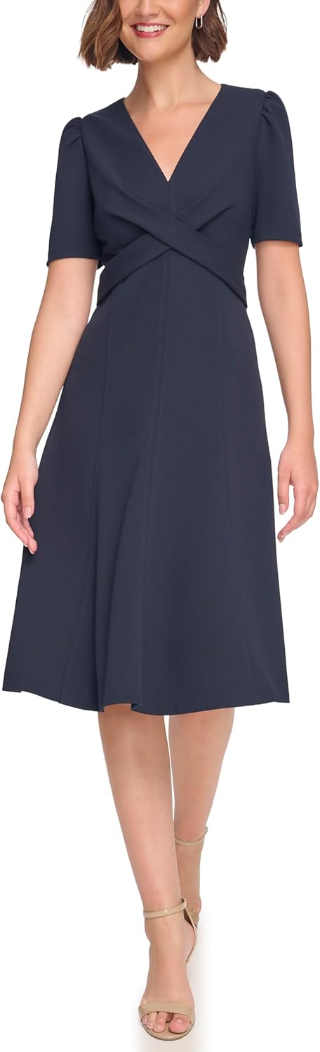 

Женское платье Tommy Hilfiger с короткими рукавами, перекрещивающимися на талии, облегающее и расклешенное, Black