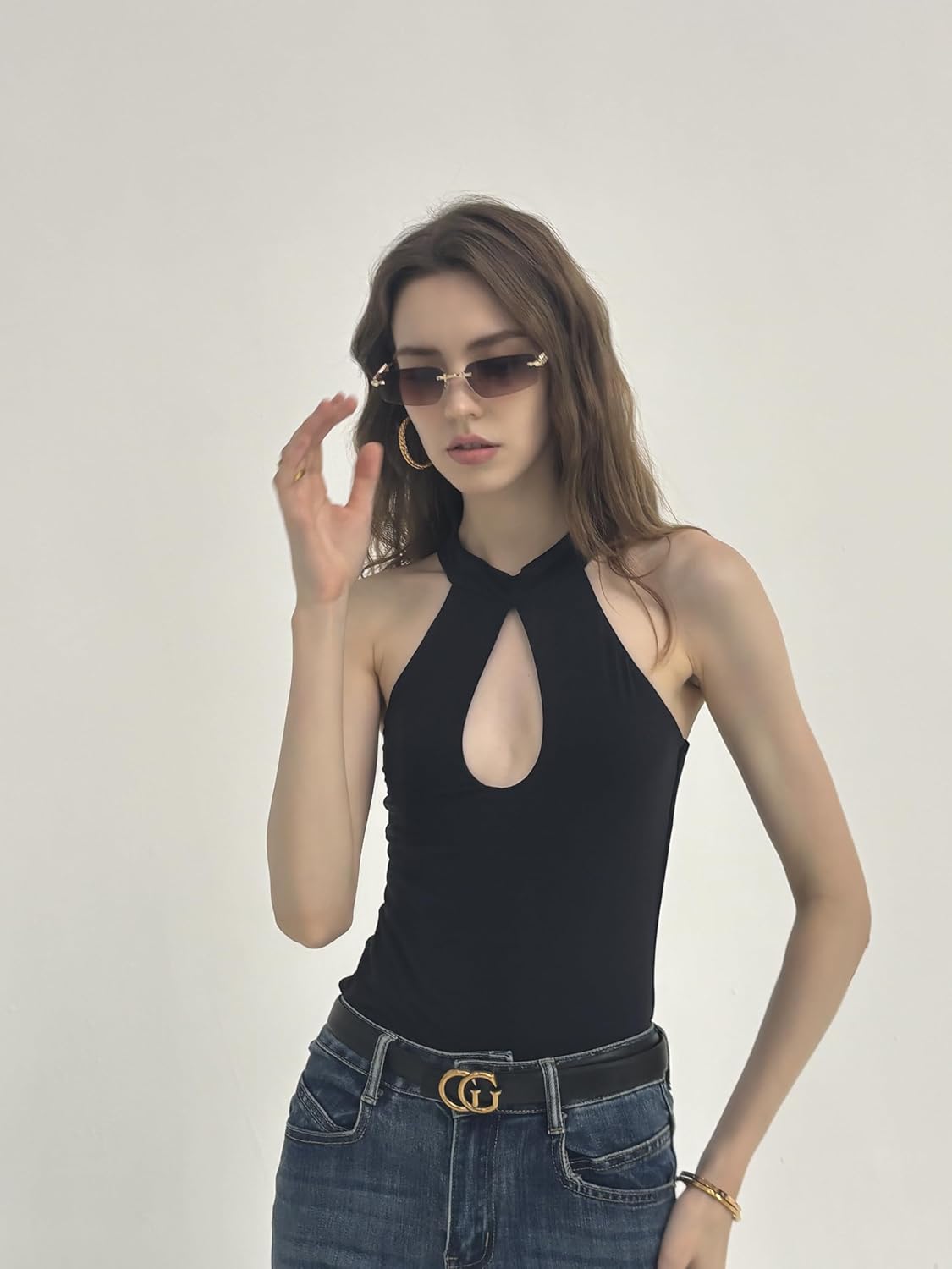 

Ретро-солнцезащитные очки «кошачий глаз» в полуободковой оправе для женщин, модные узкие золотистые солнцезащитные очки без оправы в стиле Y2K 2025 года Plerjom, Rectangle-brown