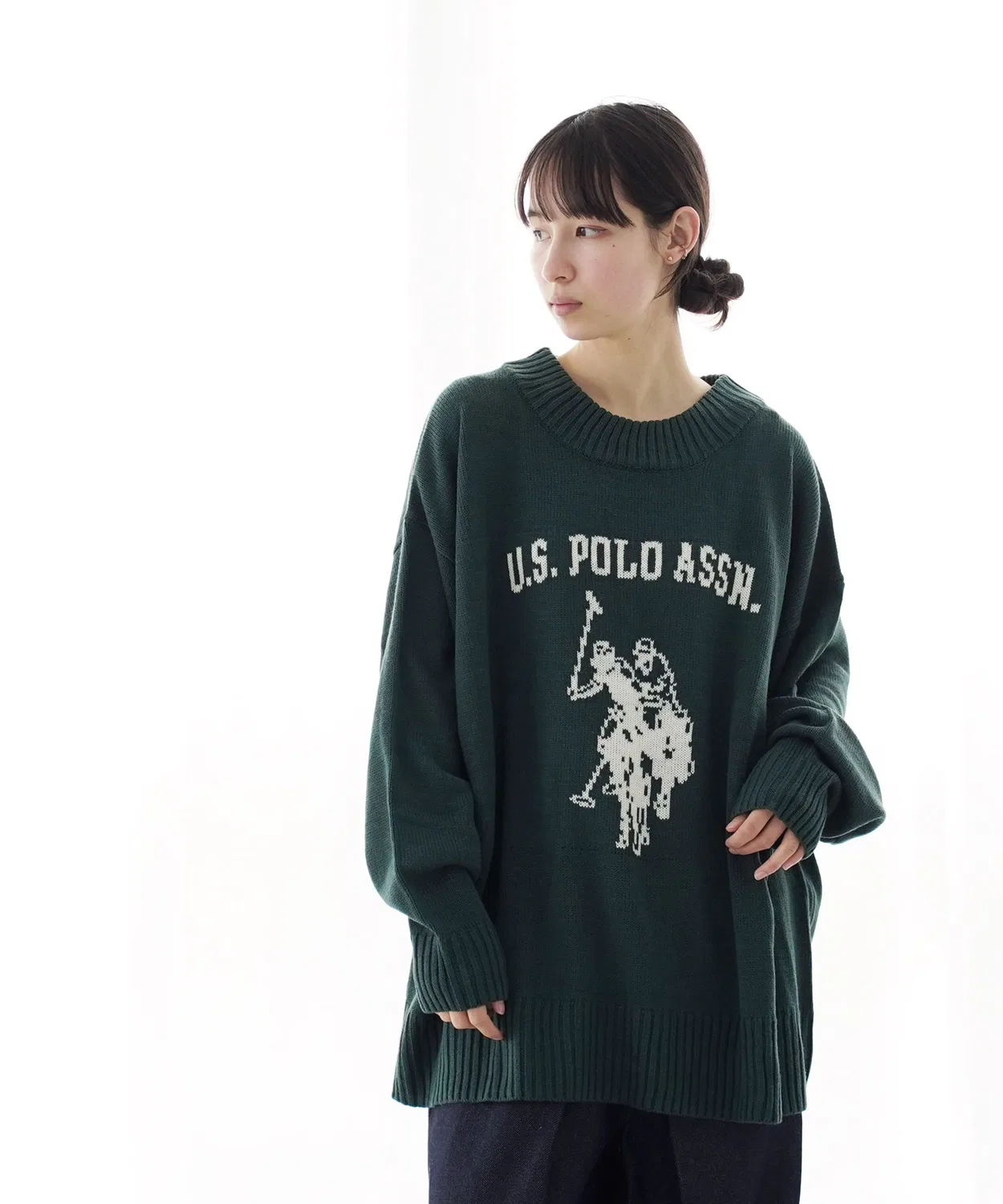Коллаборация Джемпер U.S. POLO ASSN. x Air Tokyo оверсайз лого жаккард круглый воротник зеленый