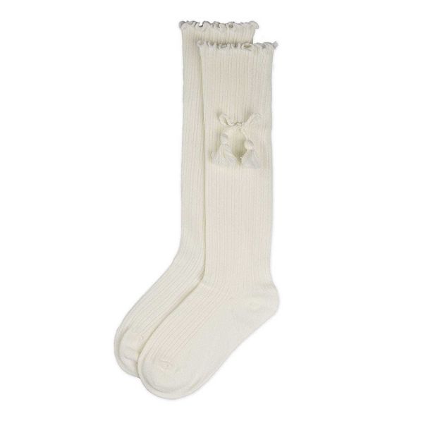 Детские носки до колена с хлопком, оборкой и бантом Memoi, Winter White — фото 3