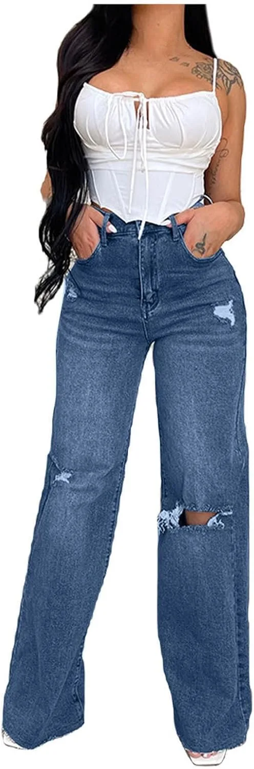 

Прямые джинсы для женщин с высокой посадкой, рваные и потертые