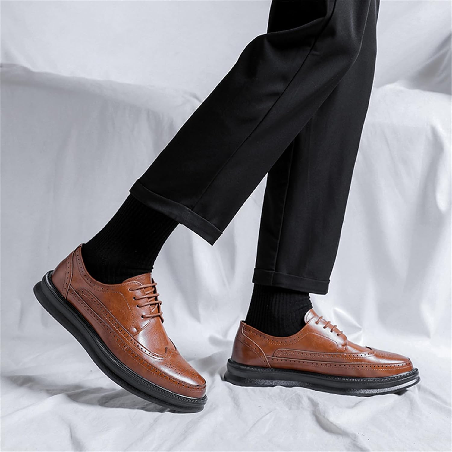Мужские кожаные оксфорды с перфорацией Wingtip, дышащие, на шнуровке, с противоскользящей резиновой подошвой, ортопедическим комфортом для деловой одежды Jhfdioy, коричневый — фото 4