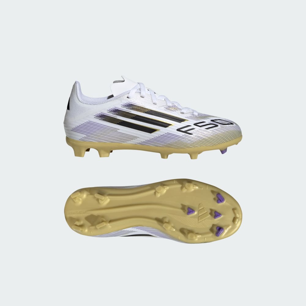 

Бутсы Adidas F50 League Firm/Multi-Ground Cleats Kids, цвет Cloud White/Core Black/Gold Metallic