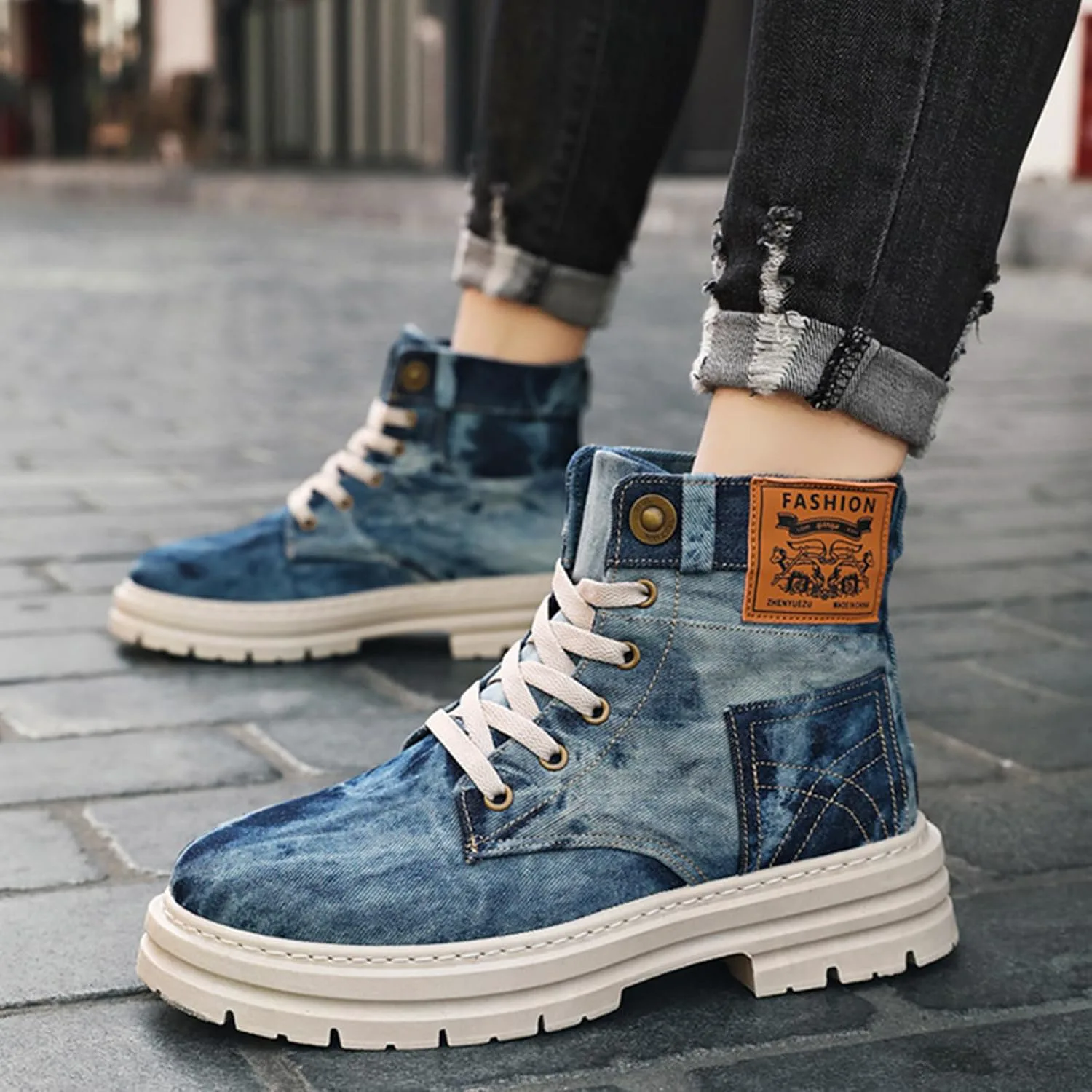 Мужские модные кроссовки высокие на шнуровке с блестящей отделкой, мотоциклетные ботинки, ретро джинсовый стиль, большие повседневные shoes Gezolligheid, синий — фото 3