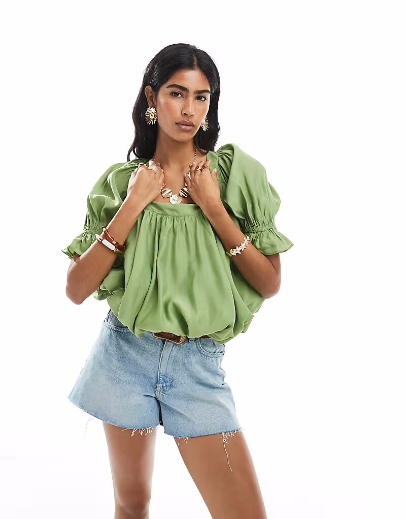 

Блузка-фонарик ASOS DESIGN с квадратным вырезом зеленого цвета