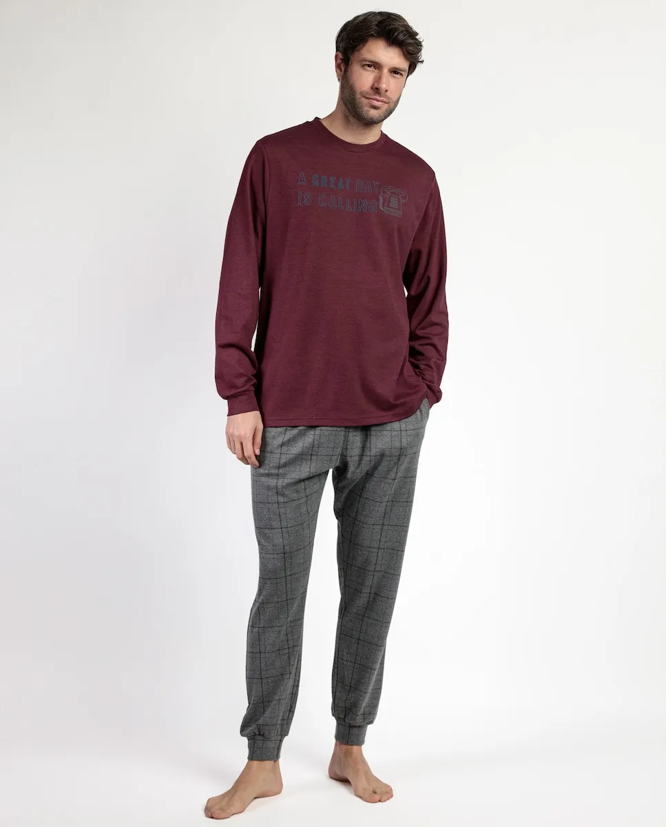 

Мужская пижама длинная из хлопкового трикотажа бордового цвета Admas
