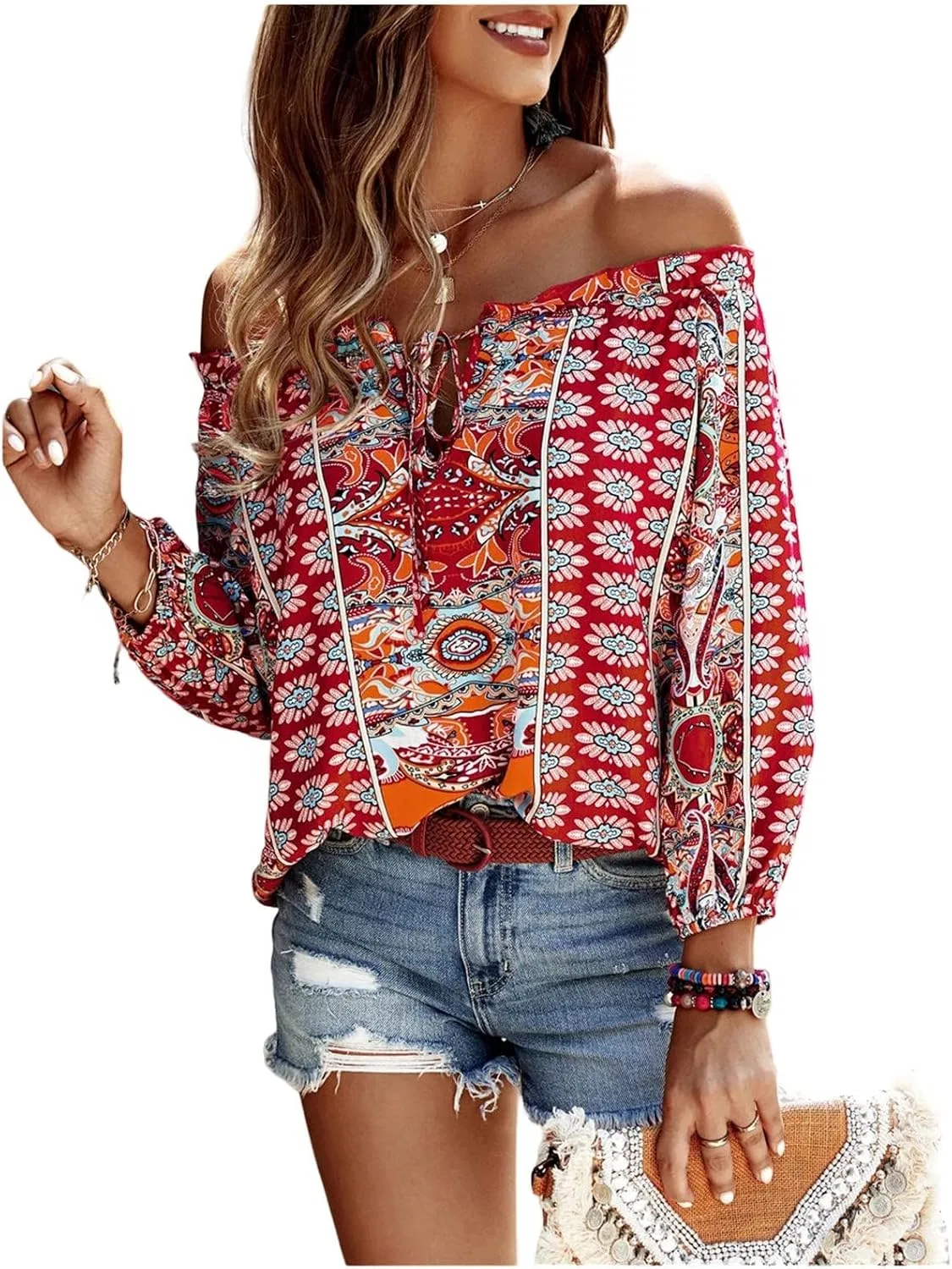 Блуза с цветочным принтом, off shoulder, QREXVOG, красный