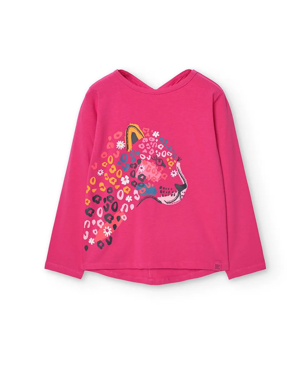 

Футболка для девочки с рисунком спереди и декоративным вырезом сзади Boboli, цвет Fucsia