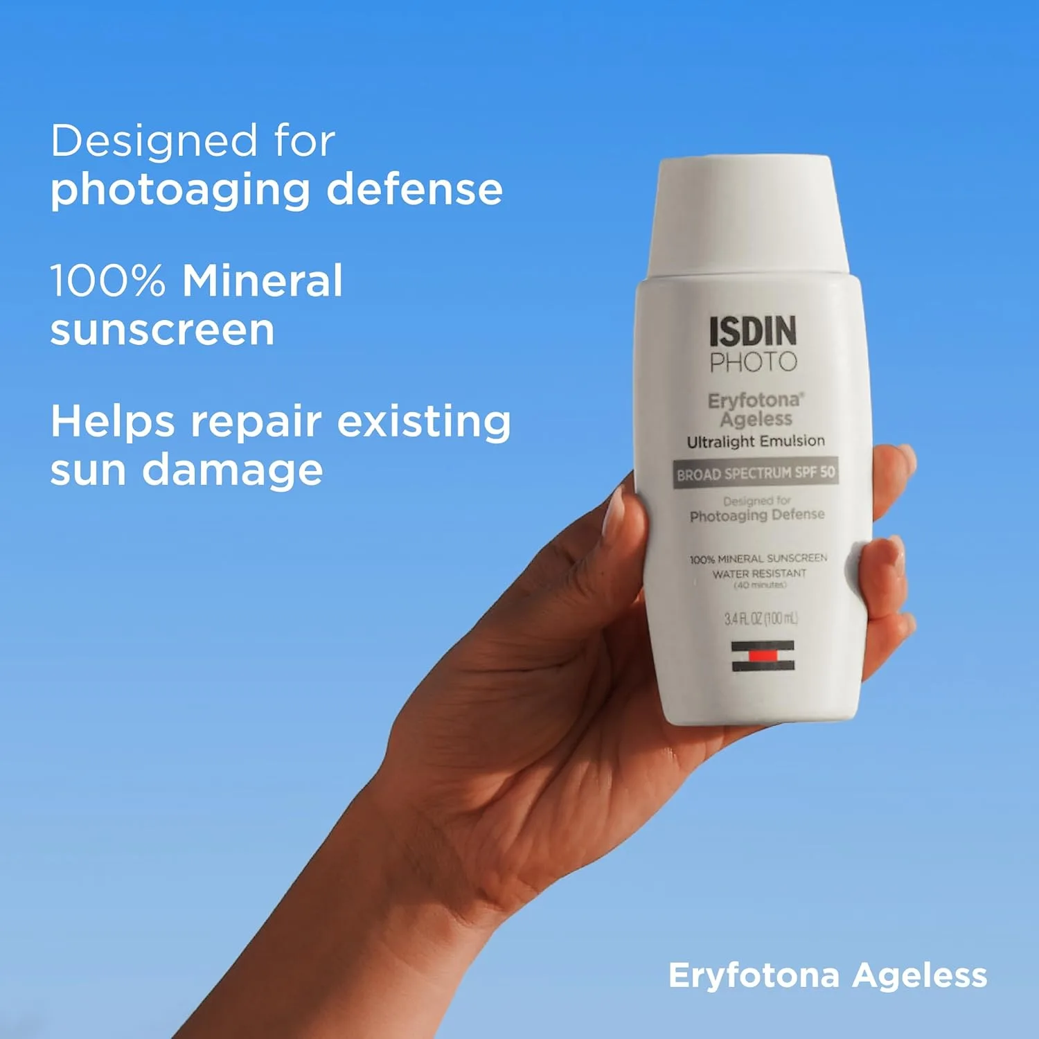 ISDIN Eryfotona Ageless тонированный минеральный солнцезащитный крем для лица SPF 50 с оксидом цинка, DNA Repairsomes и витамином E, универсальный оттенок 100 мл (1 шт.), White — фото 4