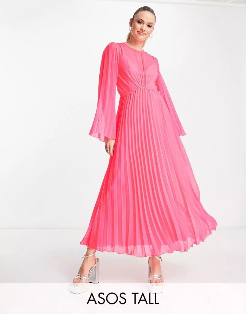 

ASOS DESIGN Tall — флюоро-розовое плиссированное платье миди с завязками на спине и расклешенными рукавами