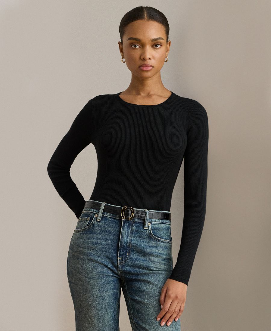 

Женский трикотажный свитер с круглым вырезом из хлопковой смеси в рубчик, размеры P/XS-XXL Lauren Ralph Lauren, Black