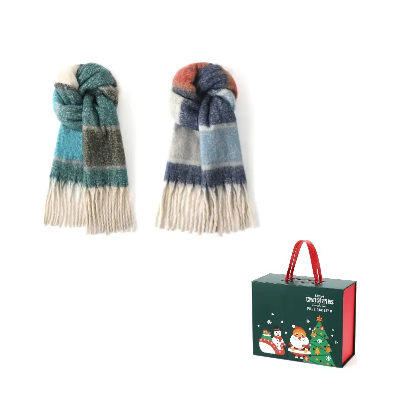 

FREE RABBITⅡ Вязаный шарф унисекс, 2 Pack (New Blue & Green Check+New Dark Blue Plaid)