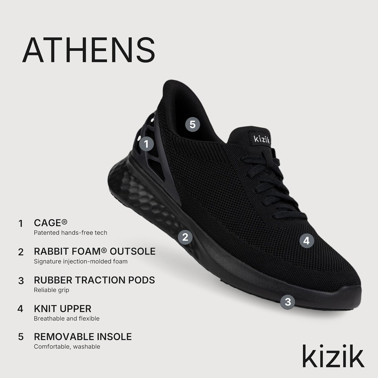 Кроссовки Kizik Slip On: Athens- удобные для носки весь день, без ручного застегивания, дышащий верх из трикотажа, мужские и женские прогулочные туфли с поддержкой свода стопы, черный — фото 3