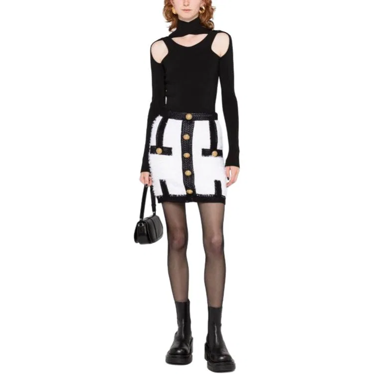 Мини-юбка твидовая с пуговицами BALMAIN Black White — фото 4