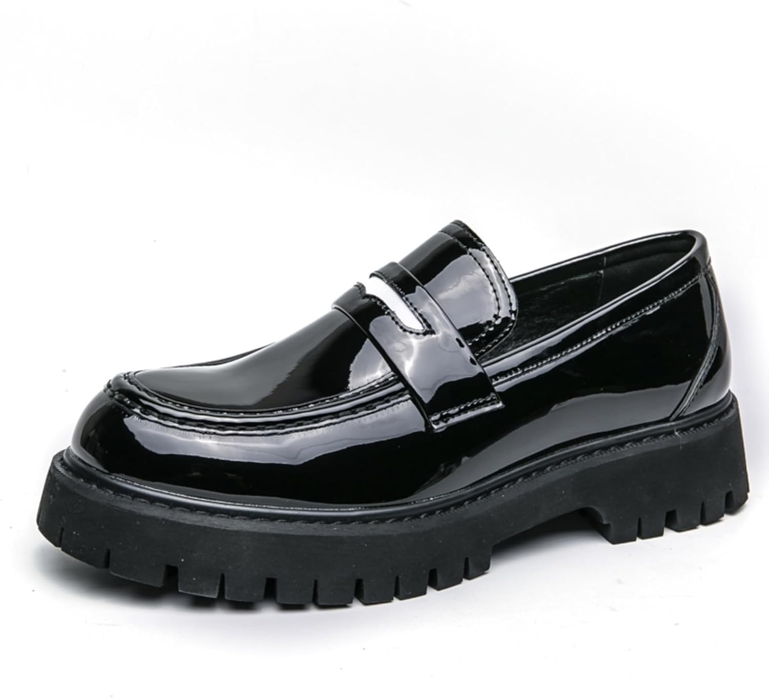 

Мужские модные лоферы на платформе из лакированной кожи без шнурков, с круглым носком, массивным каблуком, противоскользящие, повседневные, для деловых мероприятий, свадеб и выпускных Qwuieoin, черный