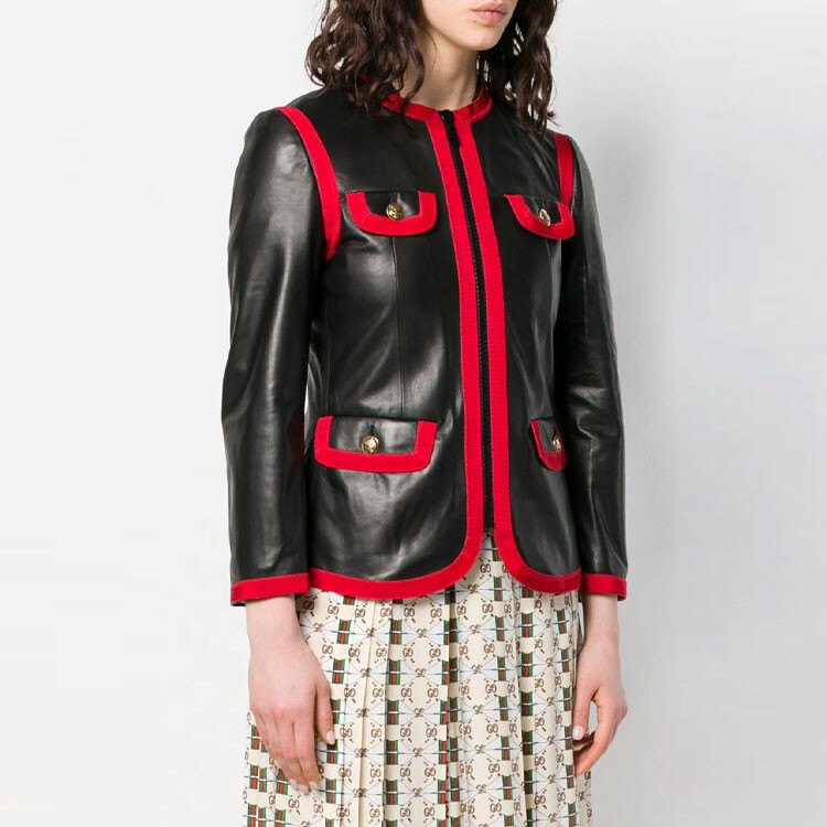 Женская кожаная куртка Gucci Классическая, натуральная овчина, черный/красный — фото 4