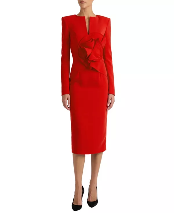 

Платье-Миди Maya с длинными рукавами и эффектной цветочной аппликацией из эластичного крепа. Santorelli, красный