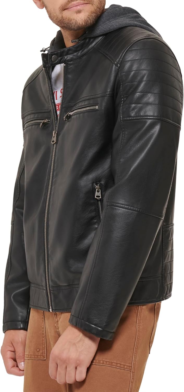 Мужская гоночная куртка Levi's из искусственной кожи, Black Smooth Lamb Modern Hooded — фото 2