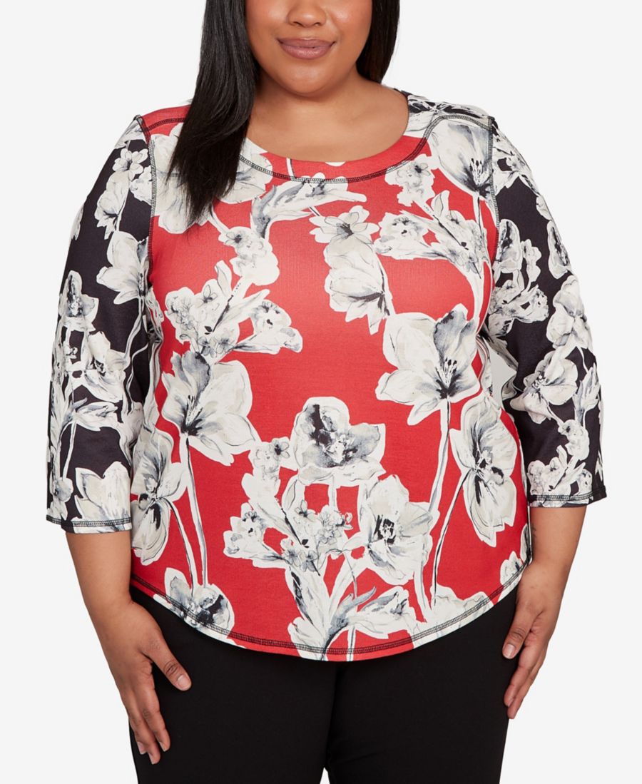 

Топ Plus Size Jet Setter Dynamic Floral Vintage Watercolor Alfred Dunner, Red Multi