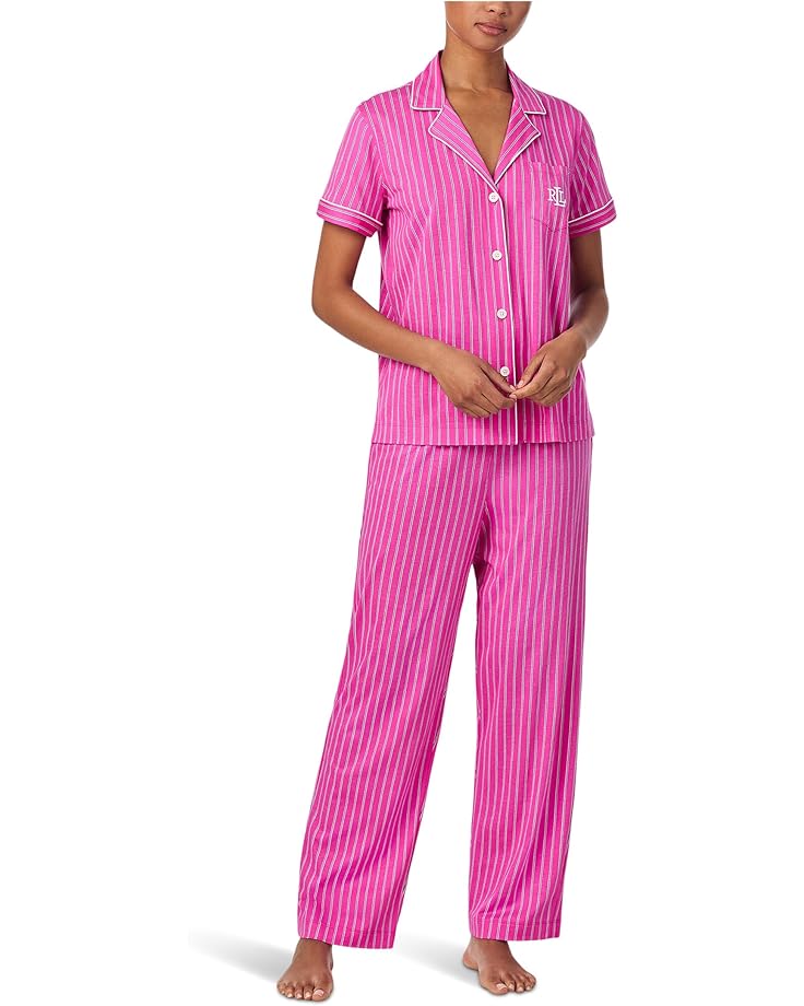 

Женский пижамный комплект Lauren Ralph Lauren с коротким рукавом, воротником-стойкой и брюками-манжетами, Pink Stripe