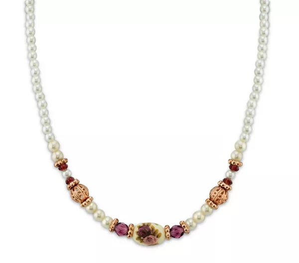 

Ожерелье из бисера с искусственным жемчугом и фиолетовыми кристаллами в форме цветка, розовое золото, регулируемое, 15 дюймов 2028, multi