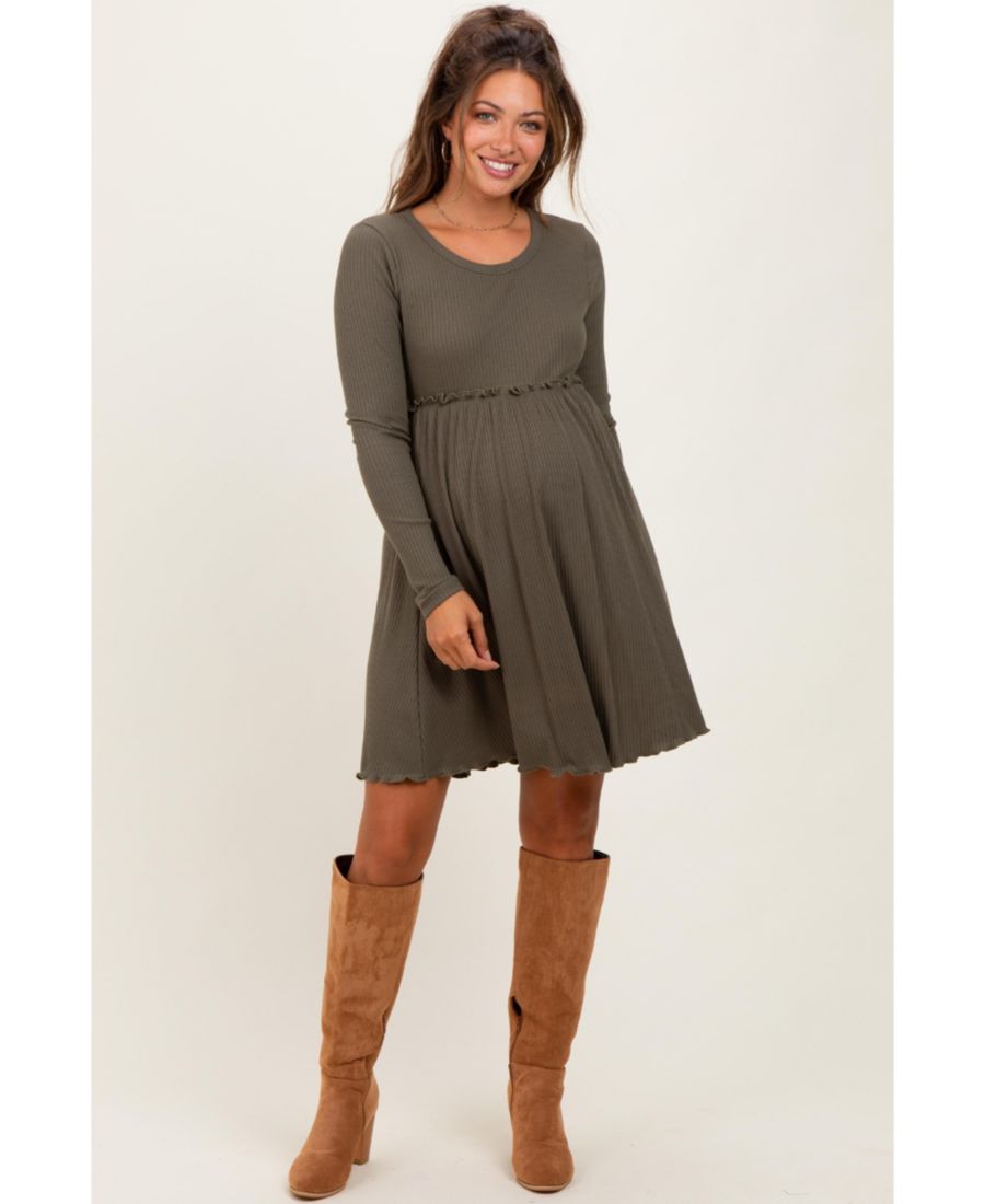 

Мини-платье для беременных из ребристого трикотажа оливкового цвета с длинными рукавами, круглым вырезом и сборками Pinkblush, Olive green