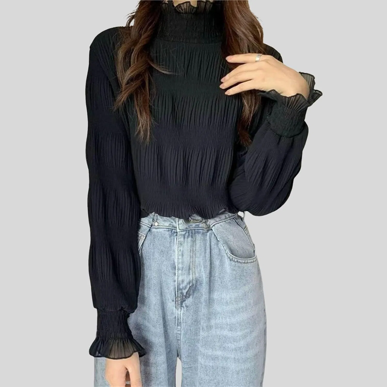 Блузка кружевная с высоким воротником, All Lace, See-through Blouse, черный — фото 4