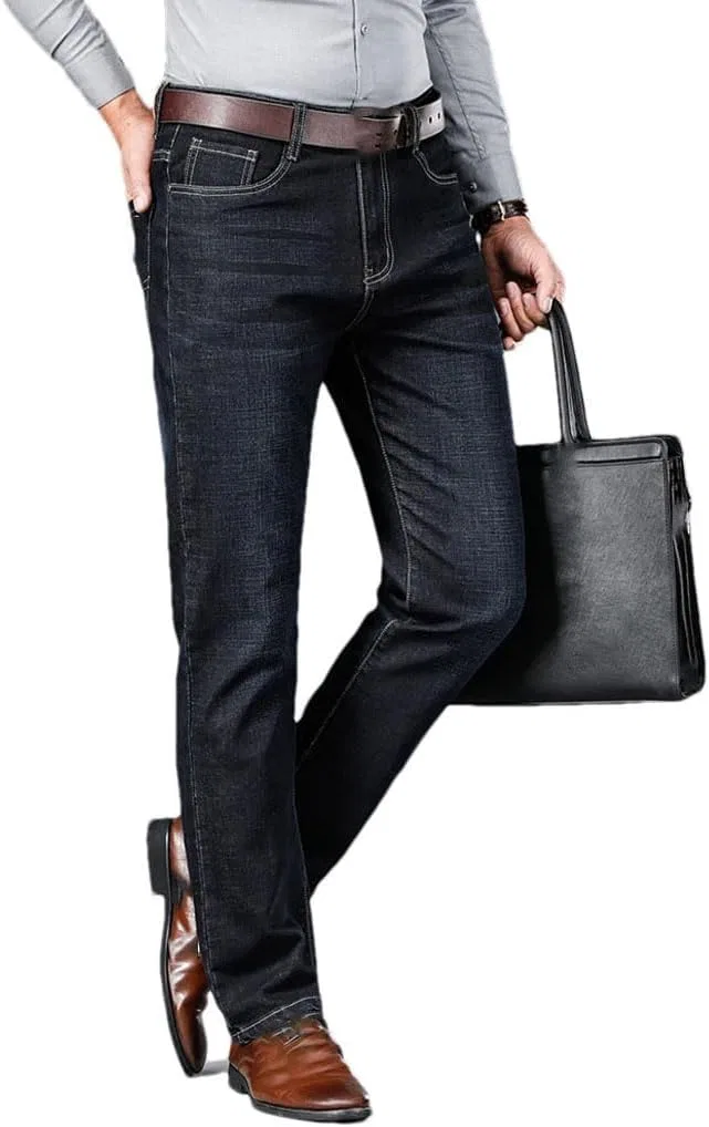 Джинсы прямые, классические, Men's Fitted Straight Stretch Denim Jeans Classic Style Youth Business Casual Trousers, Black