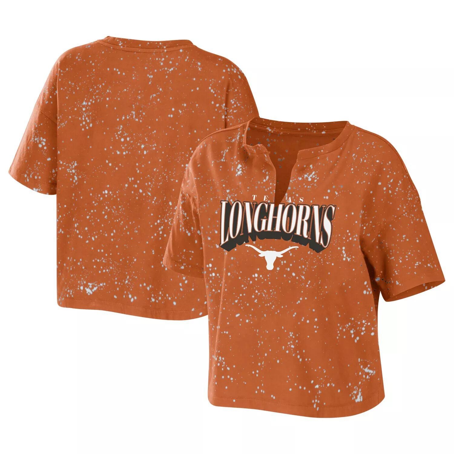 

Женская одежда Erin Andrews Texas Orange Texas Longhorns Bleach Wash WEAR Футболка с вырезом и вырезом в виде брызг