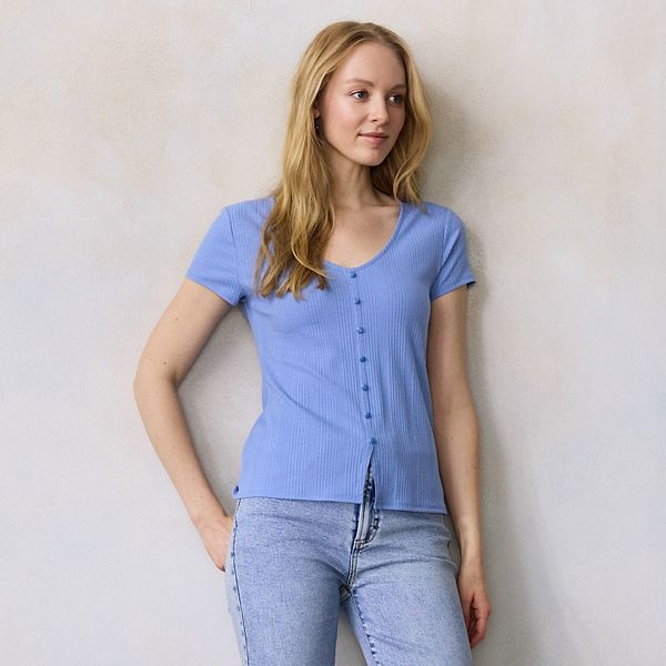 

Женский топ с V-образным вырезом и короткими рукавами на пуговицах Lc Lauren Conrad, Sue Blue