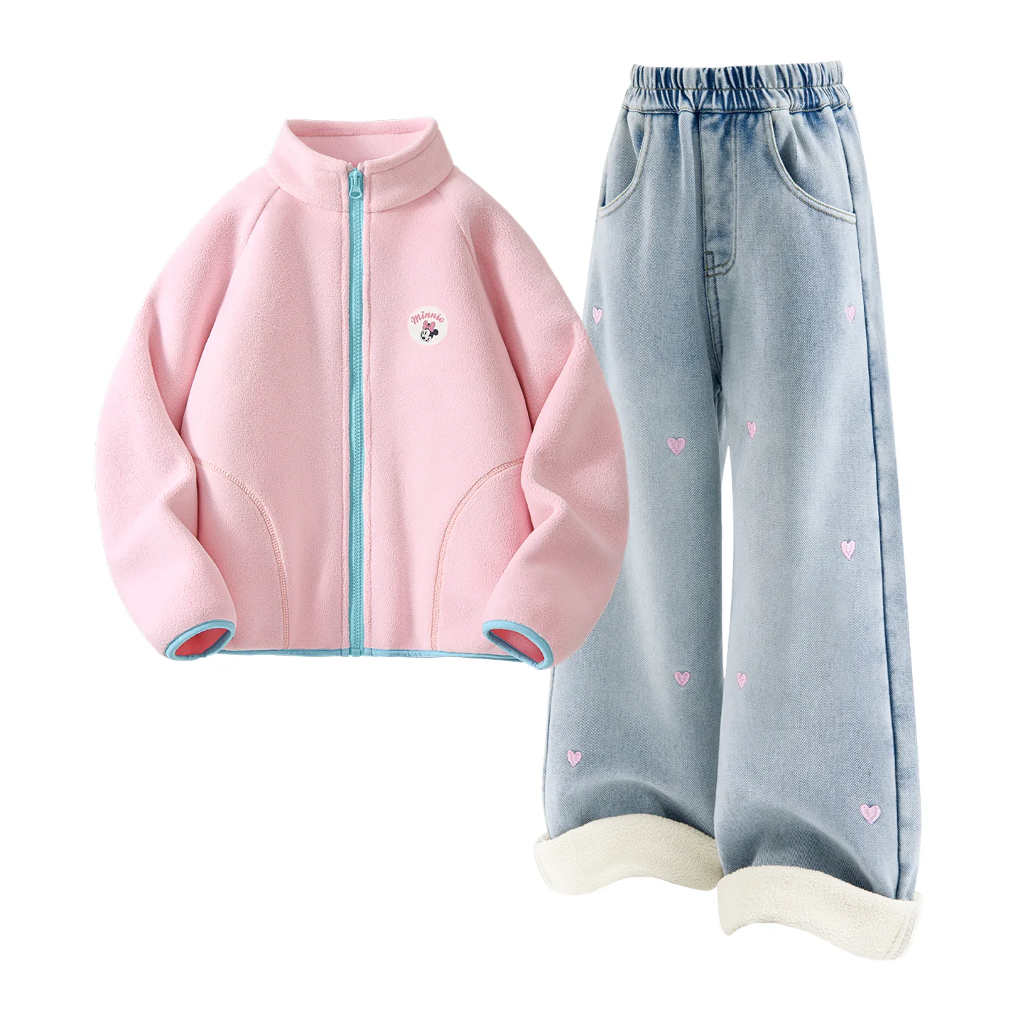 Детский спортивный комплект Casual Sportswear из 2 предметов Disney, [Thickened and Fleece-Lined]Dini Medium Round Hook-and-Loop K Frosting Pink+Solid Color Denim Light Blue