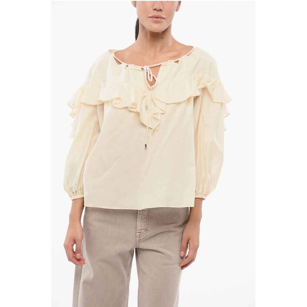 

Блузка BONES из хлопка и шелка однотонного цвета с оборками Pinko, Beige