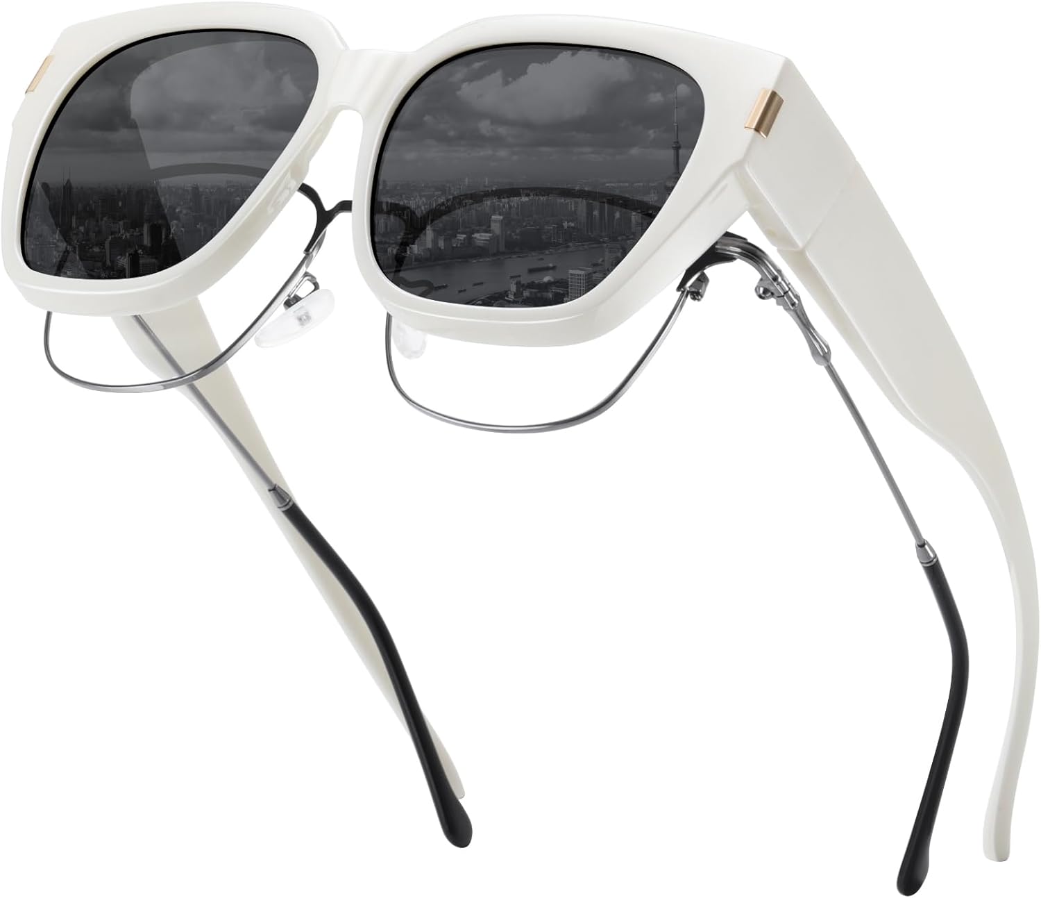 

Поляризованные солнцезащитные очки, надеваемые поверх обычных очков, для женщин и мужчин. Модные квадратные очки с обтекаемой формой и защитой от УФ-излучения Rmmeey, White Frame Grey Lens