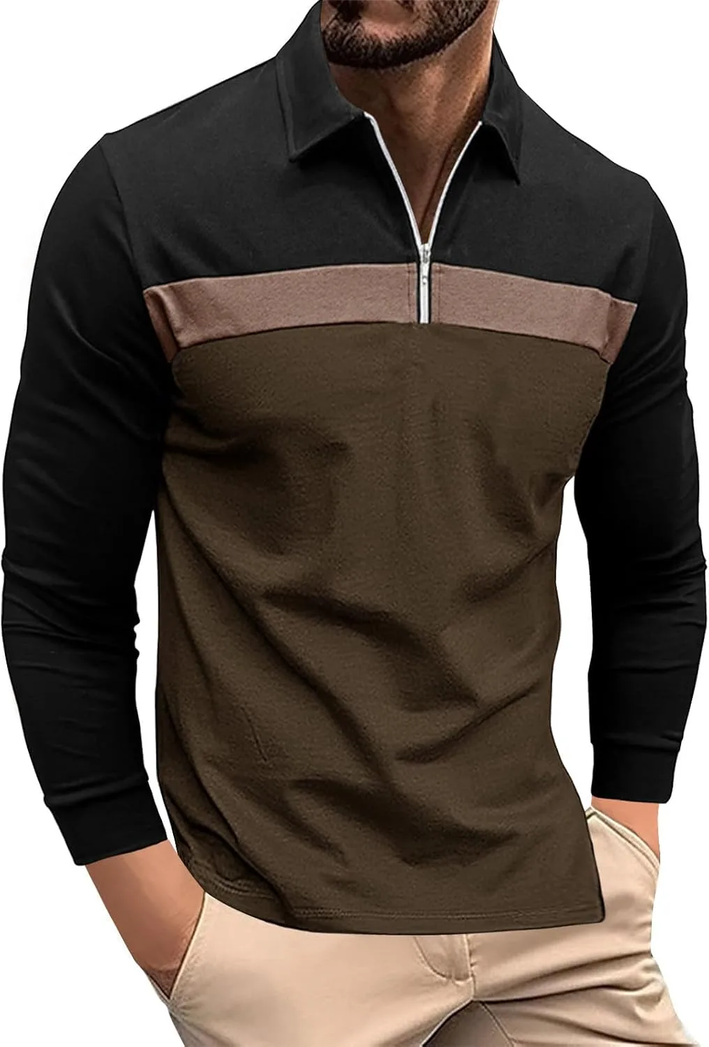 

Футболка мужская 2026 с цветными блоками, длинный рукав, 1/4 молния Lmdudan