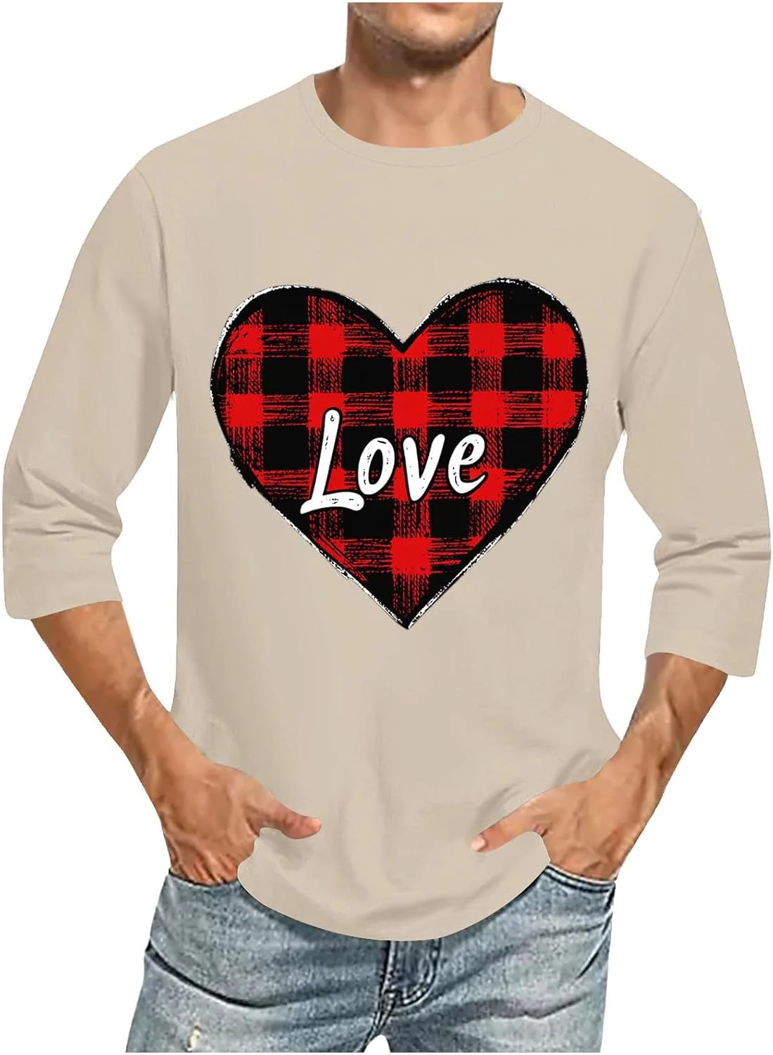 

Футболка с принтом в виде сердца в клетку Buffalo Plaid, 3/4 рукава Zeiyignr