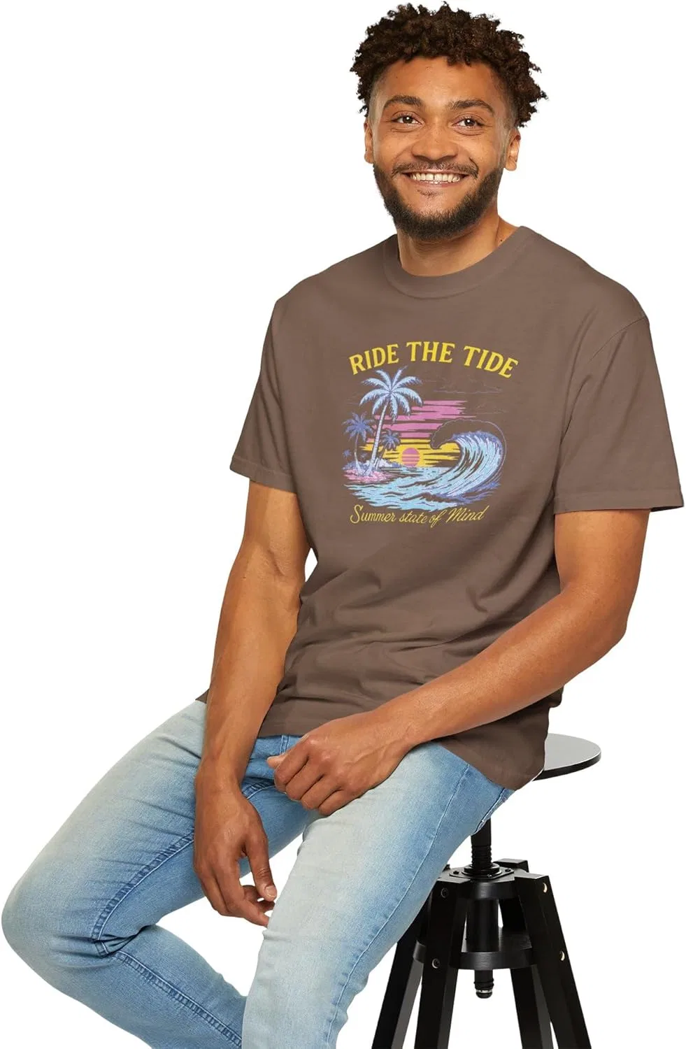 Футболка Ride The Tide Surf Sunset, Comfort Colors 1717, пальмы, океанская волна, ретро-пляжное искусство — фото 3