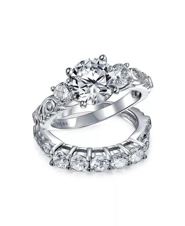 

Комплект колец с тремя круглыми камнями-солитерами 3 карата, кубические цирконии, прошлое, настоящее и будущее, боковые камни CZ, позолоченное стерлинговое серебро Bling Jewelry, clear