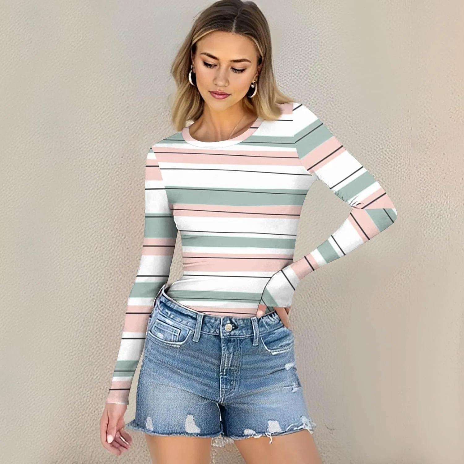 Женский топ с длинным рукавом, полосатый принт, 1-mint Green — фото 2