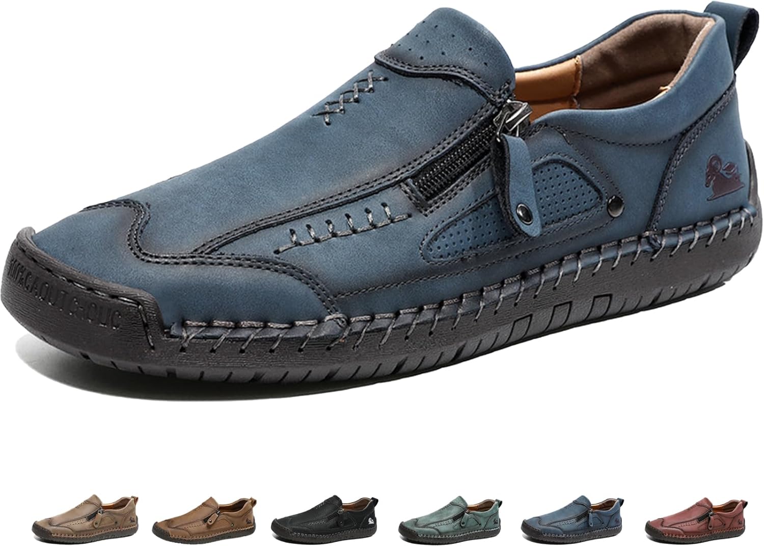 

Мужские кожаные ручной работы лоферы с плоской подошвой, ретро, с боковой молнией, удобные, дышащие, с круглым носком, нескользящие, для ходьбы, повседневные, и делового стиля Mdioep, синий