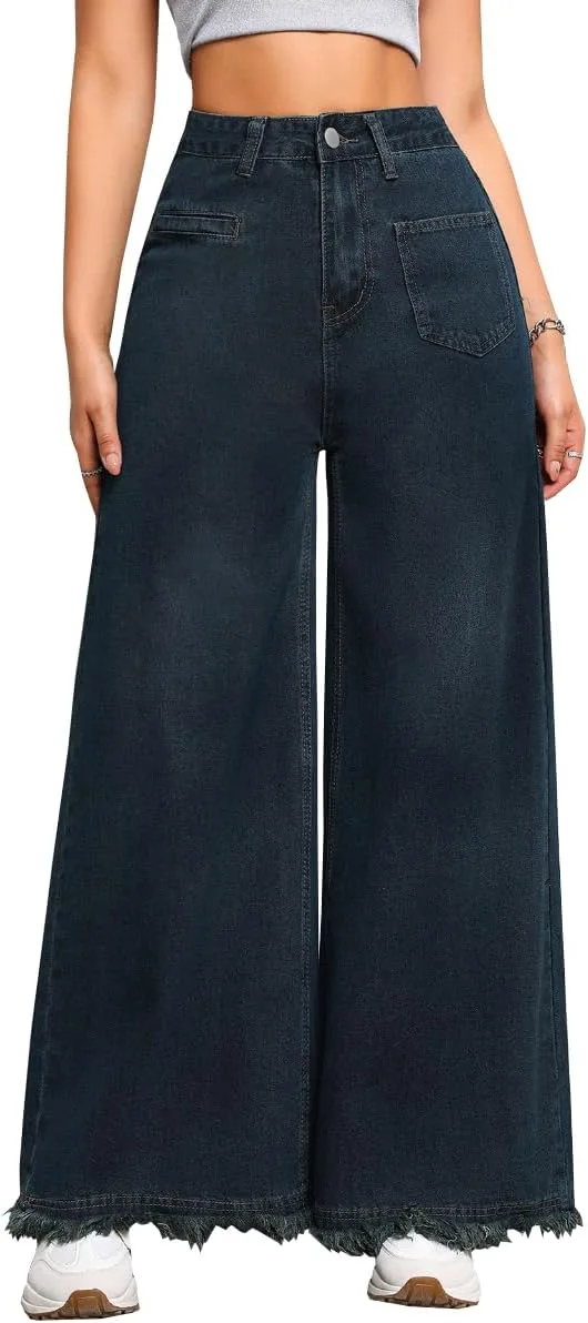 

Женские джинсы Baggy Stretchy High Waisted Washed Raw Edge Wide Leg TACSTRUN