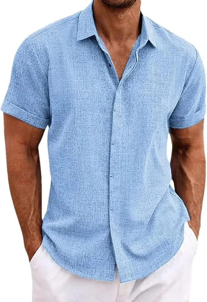 

Мужская повседневная рубашка с коротким рукавом из текстурированного льна V-образным вырезом