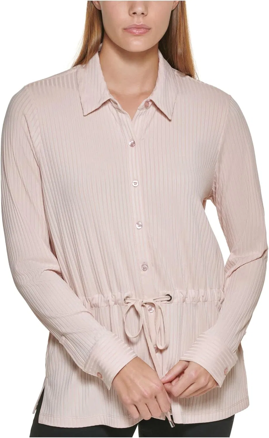 Блуза с зауженной талией, риб, Button Down, Calvin Klein, бежевый