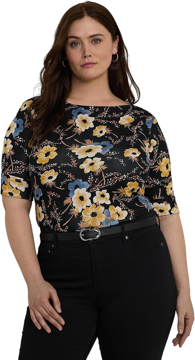 

Футболка Lauren Ralph Lauren Plus Size Floral Stretch Cotton Boatneck Tee, цвет Black Multi