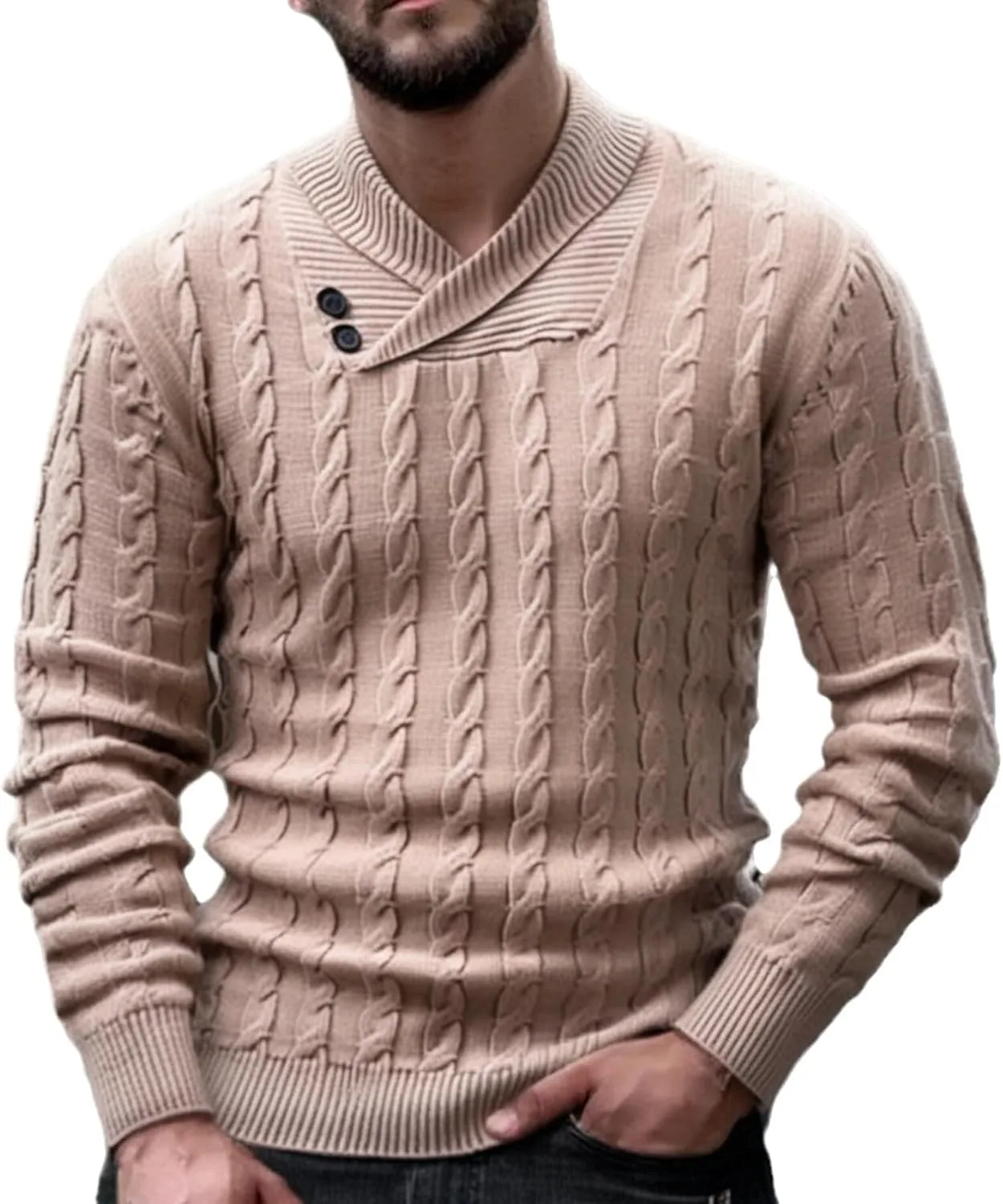 

Мужской свитер с воротником-стойкой и V-образным вырезом, вязаный, с длинными рукавами AQAYL