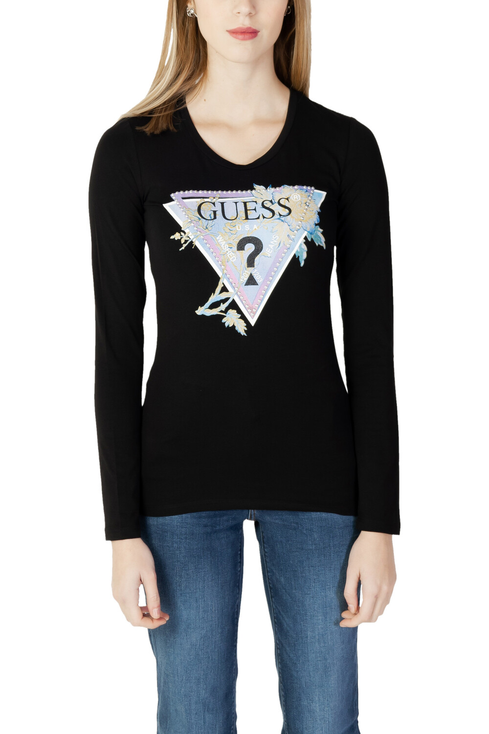 

Лонгслив женский GUESS с принтом, черный