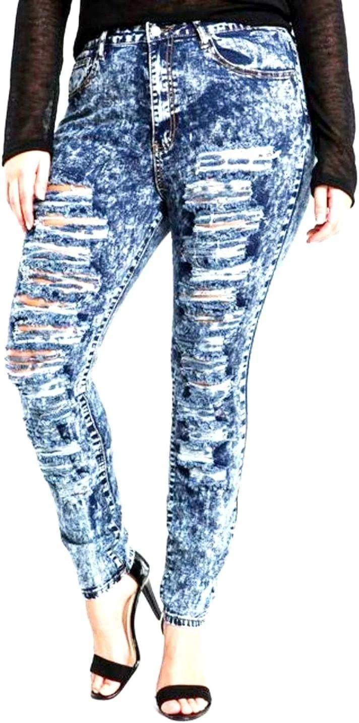 

CESTTOI Womens Plus Size Stretch Distressed Ripped Blue Skinny Denim Jeans MI JEANS