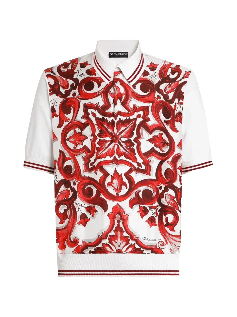 Поло с майоликовой печатью из шелка и гладкого хлопка Dolce & Gabbana, белый