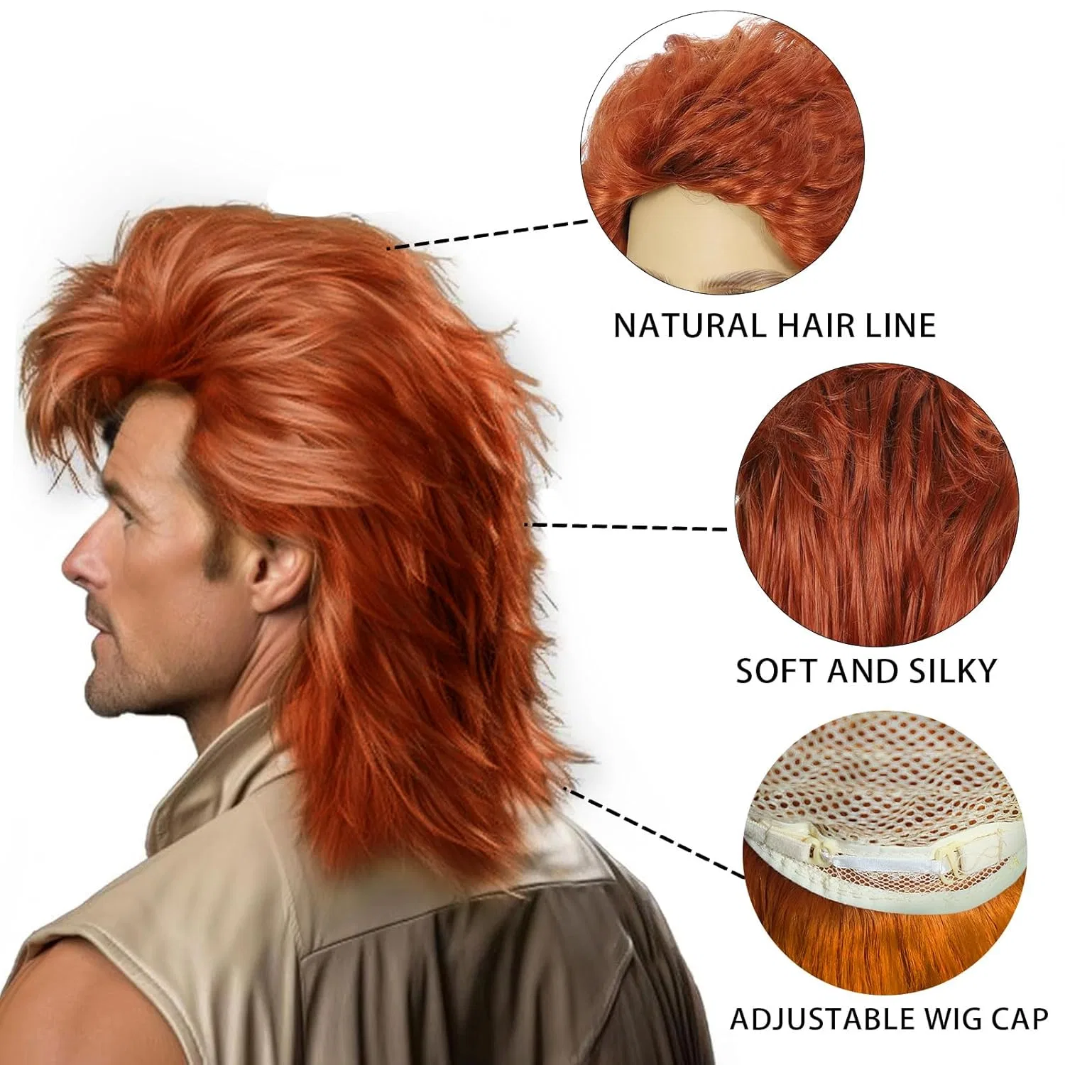 Мужской парик «Mullet» красный для вечеринок Founsho, Red — фото 2